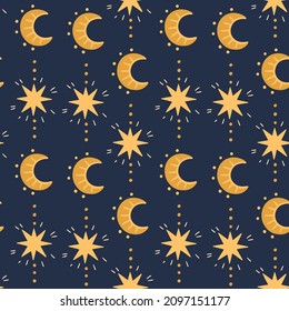 Illustration of a seamless pattern from the moon and stars. Simple cute style. Vertical direction. Astronomical, mystical, astrological themes. Objects on a dark background.