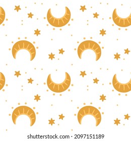 Illustration of a seamless pattern from the moon and stars. Simple cute style. Astronomical, mystical, astrological themes. Objects on a white background.