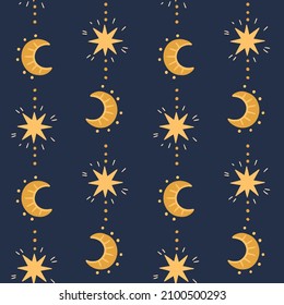 Illustration of a seamless pattern from the moon and stars. Simple cute style. Vertical direction. Astronomical, mystical, astrological themes. Objects on a dark background.