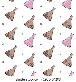 Illustration seamless pattern of multicolored medical bottles, flasks with medicines. Isolated on white background. Simple doodle cute style.