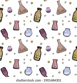 Illustration seamless pattern of multicolored medical bottles, flasks with medicines. Isolated on white background. Simple doodle cute style.