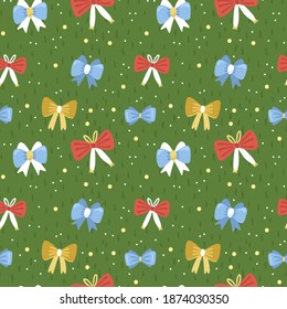 Illustration of a seamless pattern on a Christmas New Year theme. Bows on a green background. Cute simple style.