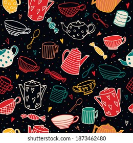Illustration of a seamless pattern «Tea time» on a dark background for wrapping paper, decor, postcards, packages, prints, design textiles. Hand-drawn. EPS10