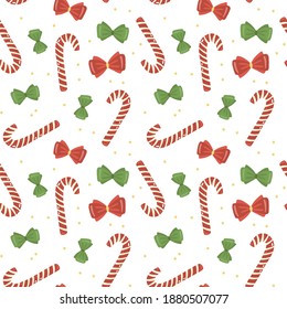 Illustration of a seamless pattern on a festive theme. Lollipop candy cane and bows. Isolated objects on a white background. Cute style.