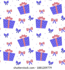 Illustration of a seamless pattern on a festive theme. Gifts in bright wrapping paper. Isolated objects on a white background. Cute style.