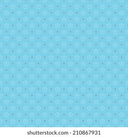 Illustration of seamless pattern with outlines of white flowers and red circles