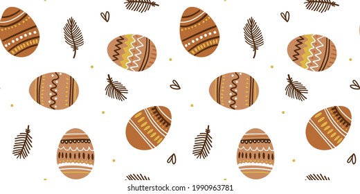 Illustration of a seamless pattern painted eggs on a white background. Decorative feathers. Easter theme. Cute simple style.