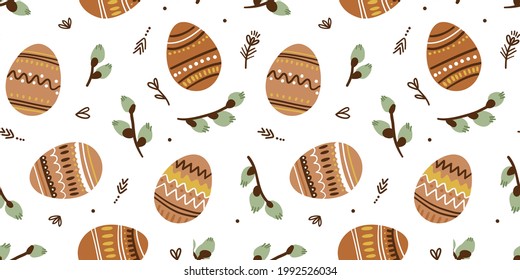 Illustration of a seamless pattern painted eggs and willow branches on a white background. Easter theme. Cute simple style.