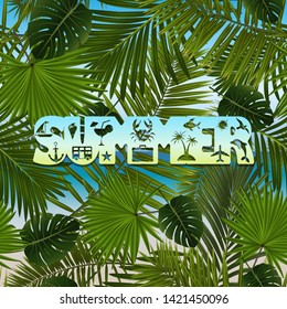 Illustration of seamless pattern with palm leaves, seashore background and summer symbol lettering
