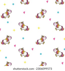 Illustration eines nahtlosen Musters mit einem Patern-Einhorn. Druck auf Bekleidung, Waren, Textilien, Tischdecken, Geschirr, Kinderbekleidung.