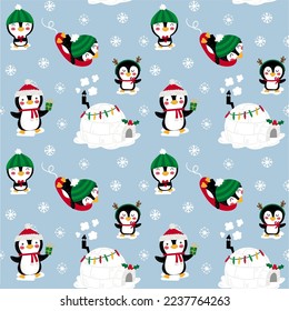 Illustration of a seamless pattern with penguins and an igloo playing in the snow