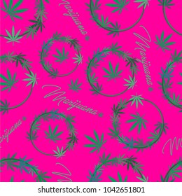 illustration of a seamless pattern with a picture of cannabis on a pink background