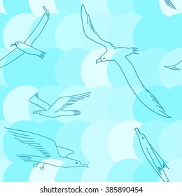 Illustration of seamless pattern with a picture of flying albatrosses. Linear graphic. Wrapping paper, textile or digital paper. 