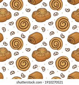 Illustration seamless pattern. Poppy seed buns of different types. Snail, roll, muffin, pretzels on a white background. Simple cute doodle sketch style. 