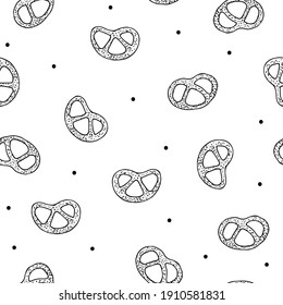Illustration of a seamless pattern from pretzels. Black outline poppy pretzels on a white background. Simple cute doodle sketch style. 