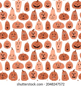 Illustration of seamless pattern with pumpkins. Various festive pumpkins with funny faces on a white background. Smiling, kind, evil, cute, wonderful faces. Cute childish style.