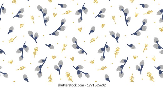 Illustration of a seamless pattern of pussy willow branches on a white background. Simple cute style.