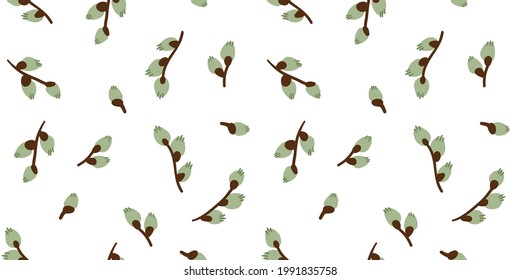 Illustration of a seamless pattern of pussy willow branches on a white background. Simple cute style.