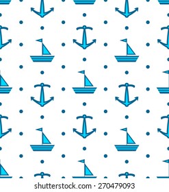 Illustration Seamless Pattern with Sail Boats and Anchors, Nautical Blue Background - Vector