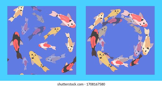illustration and seamless pattern with a school of multi-colored koi carps on blue background. fish swim at different depths. Modern abstract design for paper, cover, fabric