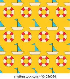 Illustration Seamless Pattern with Sea Elements: Sailboats and Lifebuoy. Can be Used for Wallpapers - Vector