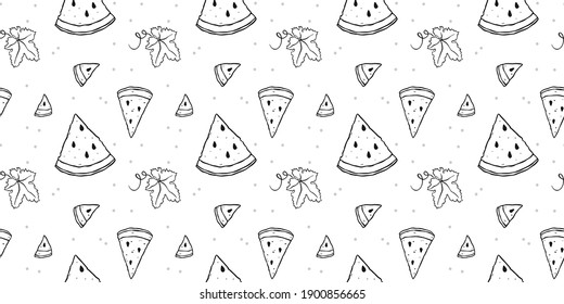 Illustration of a seamless pattern from slices of watermelon and leaves. Isolated black outline objects on a white background. Simple cute doodle style.