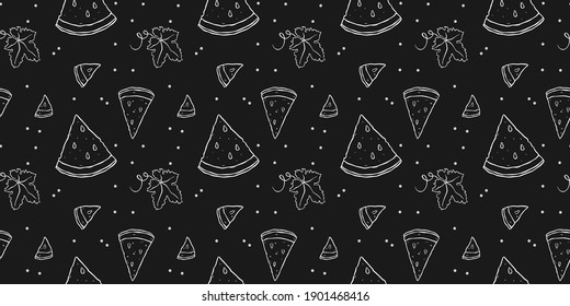 Illustration of a seamless pattern from slices of watermelon and leaves. Isolated white chalk outline objects on a black background. Simple cute doodle style.