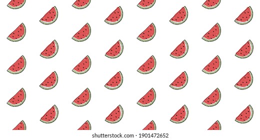 Illustration of a seamless pattern from slices of watermelon and leaves. Isolated objects on a white background. Simple cute doodle style.