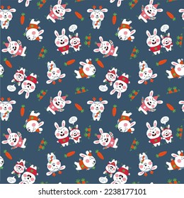 Illustration of a seamless pattern of some bunnies in different poses and carrots