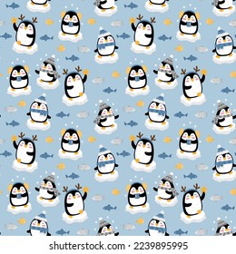Illustration of a seamless pattern of some penguins with caps and scarves, on some blocks of ice in the sea and fish around