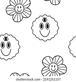Illustration of a seamless pattern in the style of the seventies. Groovy and trippy elements. Black outline on a white background.