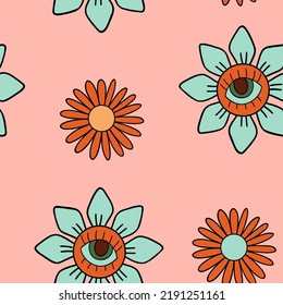 Illustration of a seamless pattern in the style of the seventies. Groovy and trippy elements. Plant elements, eyes, emoticons.