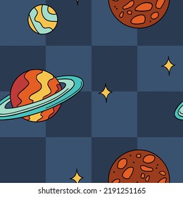 Illustration of a seamless pattern in the style of the seventies. Space pattern with planets and stars. Checkered background.
