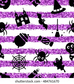 Illustration Seamless Pattern with Traditional Objects. Glitter Violet Wallpaper for Halloween Party - Vector