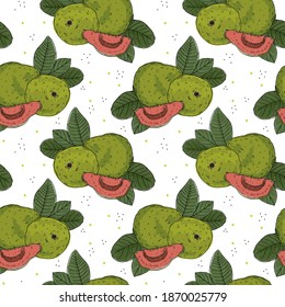 Illustration von nahtlosen Muster tropischen Guavafrucht mit Obstbaumblättern. Doodle-Stil auf weißem Hintergrund.
