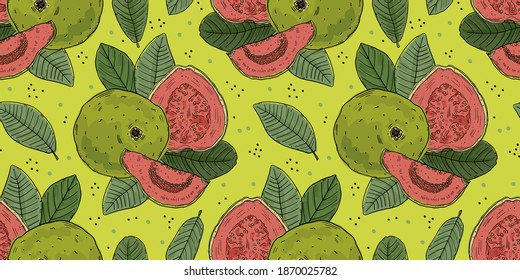Illustration von nahtlosen Muster tropischen Guavafrucht mit Obstbaumblättern. Doodle-Stil auf grünem Hintergrund.
