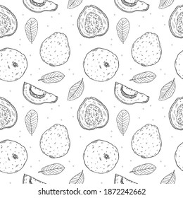 Ilustración de la fruta de guayaba tropical sin soldadura con hojas de árboles frutales. Estilo de doodle, objeto de contorno negro sobre un fondo blanco.
