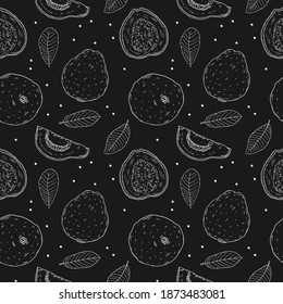 Illustration of seamless pattern tropical guava fruit with fruit tree leaves. Doodle style on a white background.