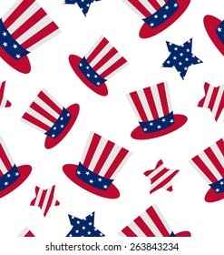 Illustration seamless pattern with Uncle Sam's top hat and stars for american holidays, repeating backdrop - vector