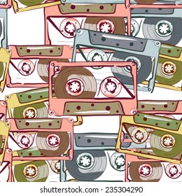 Illustration of seamless pattern with vintage audio cassette