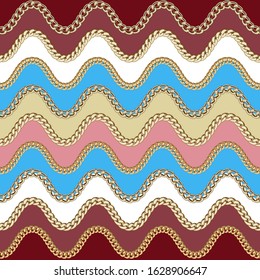 Illustration seamless pattern of waves with golden jewelry chains.