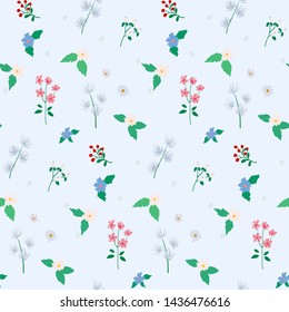 Illustration of seamless pattern of wildflowers, berries and thalictrum