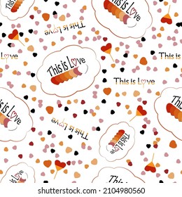 Illustration of a seamless pattern of words of love wishes and a color drawing by hand the concept of a colored heart