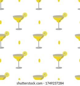 An illustration of a seamless pattern with yellow cocktails and lemons.