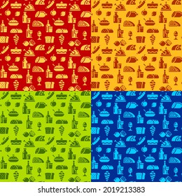 Illustration of the seamless patterns of a food and grocery in a four different colors