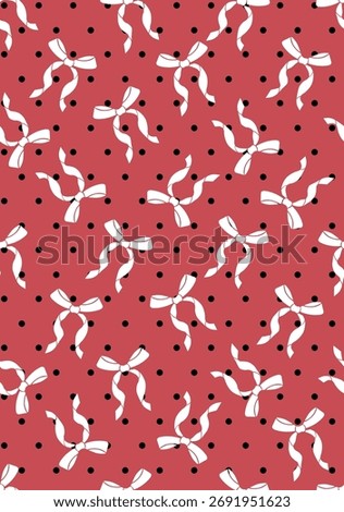 Illustration of a seamless polka dot pattern with pink bows. Pink bows and black dots background seamless pattern . Couqette ribbon pattern. Christmas or Valentines day holiday design