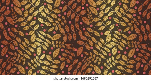 illustration  of Seamless  raster repeating  pattern tile . golden Leaves of mountain ash,abstract gold foil , red geometric shapes on brown. for textiles. , cards, wedding,  and other surfaces