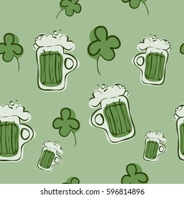 Illustration of a Seamless Shamrock and Green Beer Pattern.