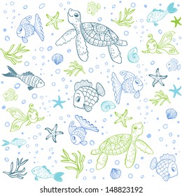 Illustration seamless Silhouette cute Turtle and Fish