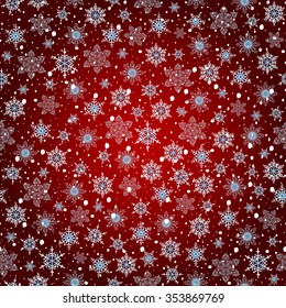 Illustration of seamless snowflake pattern in white and blue colors on red background
